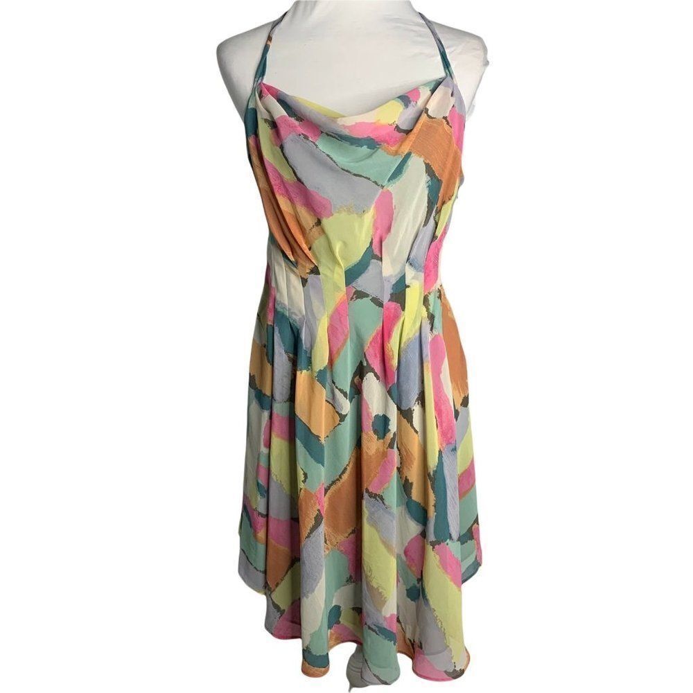 Rachel Roy Open Back Halter Dress 12 Multicolor Chiffon Lined Pleated Tie Neck